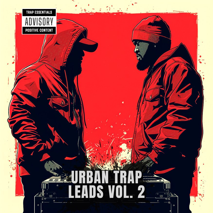 Album cover for 'Urban Trap Leads Vol. 2' with two figures in red and black outfits on a red background.